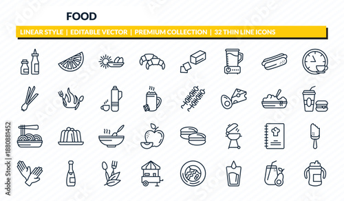 food icons set - condiment, lemon slice, morning, healthy shakes, sippy cup outline vector collection.