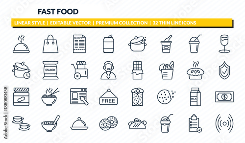 fast food icons set - hot dish, paper bag, receipt, preparation, online outline vector collection.