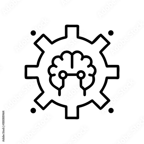 Brain merged with mechanical gear in outline black icon. Artificial intelligence and machine learning concept, for web application, design