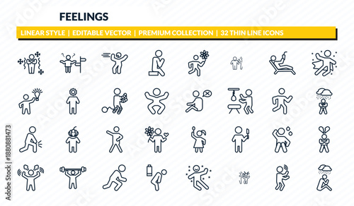 feelings icons set - chill human, lost human, bored human, blah sad outline vector collection.