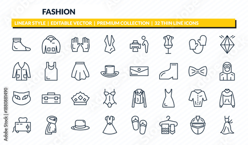 fashion icons set - warm sock, sweater with pockets, pair of gloves, general helmet, women drees outline vector collection.