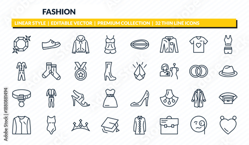 fashion icons set - diamond precious stone, one shoe, sweater with hood, monocle, heart pendant outline vector collection.