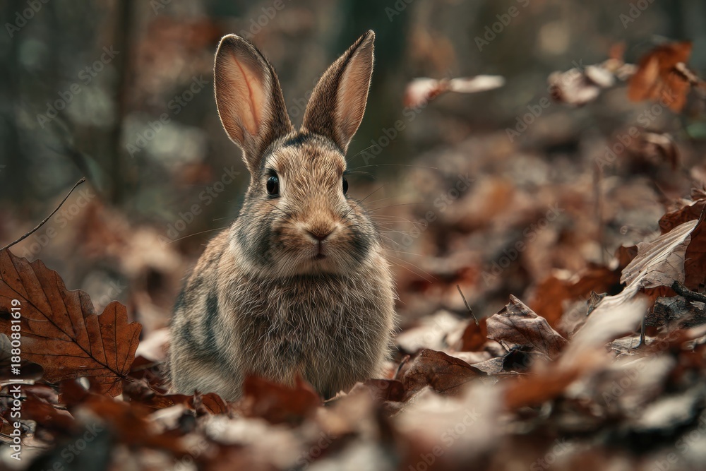 Fototapeta premium Alert Wild Rabbit Sits Among Fallen Leaves in Autumn Forest Scene