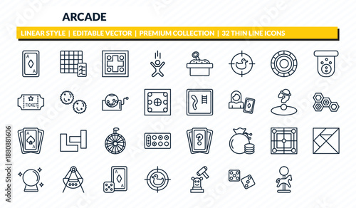 arcade icons set - curtain stage, voice acting, voice acting, voice acting, outline vector collection.