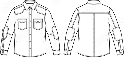 Utility shirt design, epaulets, sleeve pockets, chest flaps, fashion sketch, garment blueprint, technical drawing, flat vector illustration