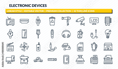 electronic devices icons set - television, hdmi, smartwatch, fax hine, typewriter outline vector collection.