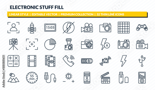 electronic stuff fill icons set - portrait, reflector, camera big screen size, pen drive, portable music player outline vector collection.