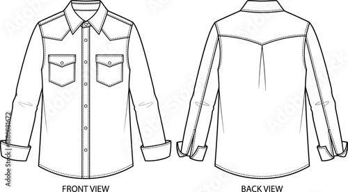 Long-sleeve button-up shirt, flap chest pockets, pleated back, pointed collar, fashion sketch, garment blueprint, flat vector illustration