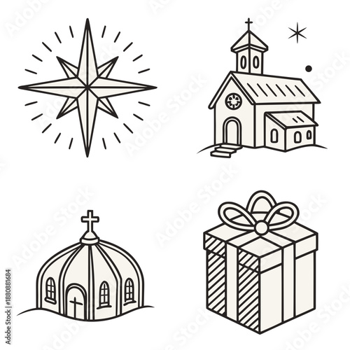 Set of Christmas simple outline icons, including a star, church, cathedral, and gift box. Holiday symbol vector illustration