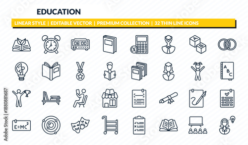 education icons set - eco book, wake up, digital timer, university class, woman with idea outline vector collection.