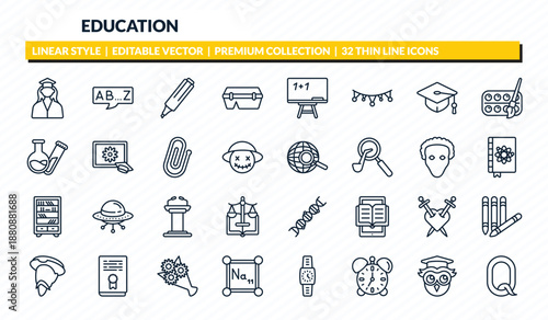 education icons set - student, alphabet, highlighter, owl, letter outline vector collection.