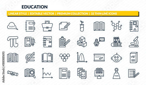 education icons set - equation, agenda with bookmarks, case, , exams outline vector collection.