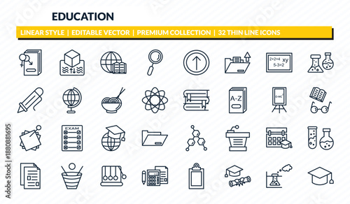 education icons set - fraternity, archimedes principle, international studies, experimentation, graduate cap outline vector collection.