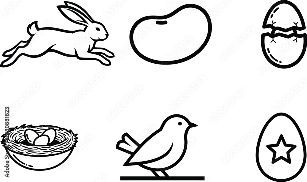 Obraz premium Black and white illustrations of Easter symbols and animals rabbit bird eggs nest