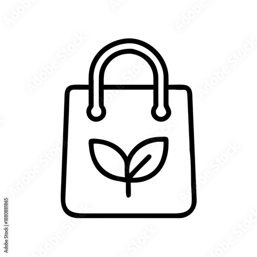 Eco friendly shopping bag with leaf symbol. Sustainable retail and organic product concept. Outline vector icon for application, website