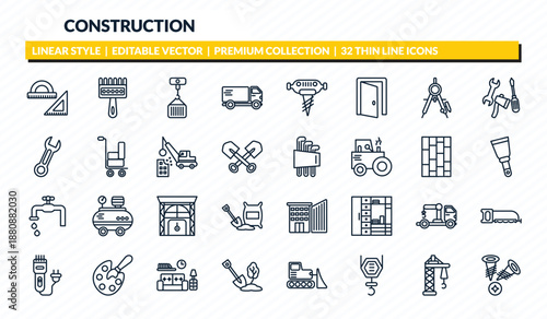 construction icons set - angle ruler, sand brush, derrick with load, derrick facing right, two screws outline vector collection.