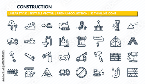 construction icons set - grinder, inclined, little snowplow, inclined magnet, brickwall outline vector collection.