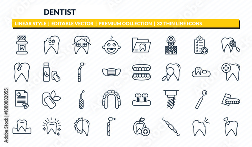 dentist icons set - mouth wash, cavities, dental house, cavity, dental filling outline vector collection.
