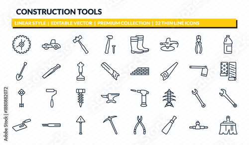 construction tools icons set - blade saw, road roller, sledge hammer, plumbing pipes, builder brush outline vector collection.