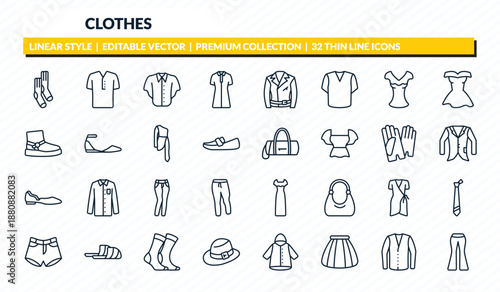 clothes icons set - men socks, henley shirt, denim shirt, cotton cardigan, flare pants outline vector collection.