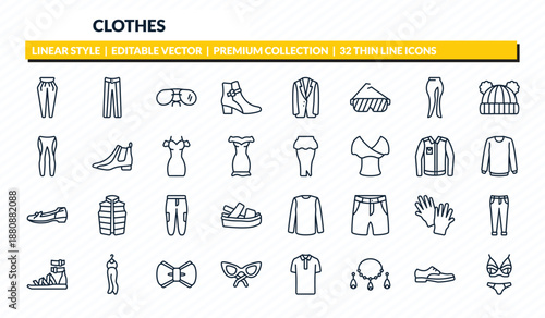 clothes icons set - pegged pants, oxford wave suit pants, pilot sunglasses, leather derby shoe, lingerine outline vector collection.