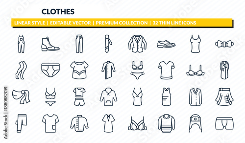 clothes icons set - dungarees, brisk boots, jean, ushanka, underpants outline vector collection.