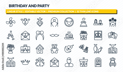 birthday and party icons set - blower, love lock, love potion, jukebox, wedding car outline vector collection.