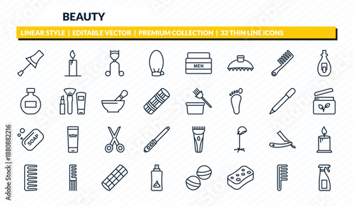 beauty icons set - nail brush, candle light, eyelashes curler, one comb, aplicator bottle outline vector collection.