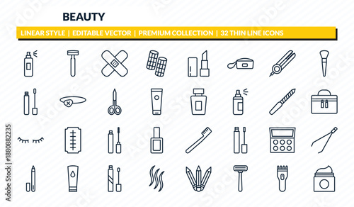 beauty icons set - deodorant, razor, patches, hair clipper, moisturizer outline vector collection.