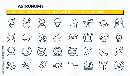 astronomy icons set - big satellite, alien, spaceman, space module, planets outline vector collection.