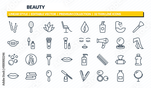 beauty icons set - bobby pins, inclined hairbrush, aloe vera, inclined bottle, makeup mirror outline vector collection.