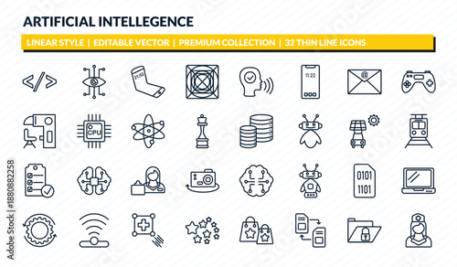artificial intellegence icons set - code, bionic eye, mobile flexible display, secure data, nurse outline vector collection.
