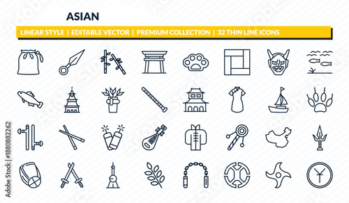 asian icons set - pouch, kunai, bamboo, shuriken, yuan outline vector collection.