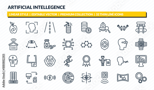 artificial intellegence icons set - synthetic food, face recognition, road, immersive, hine outline vector collection.