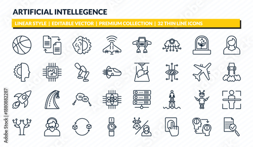 artificial intellegence icons set - ball, file transfer, deformity, mind transfer, evaluation outline vector collection.