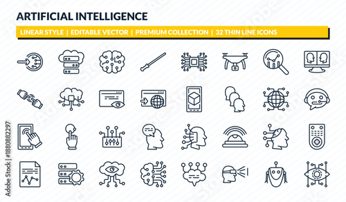 artificial intelligence icons set - log in, storage, intelligence, robot, bionic outline vector collection.