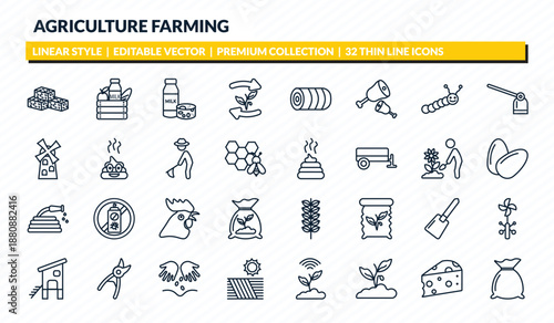 agriculture farming icons set - straw bale, farm products, milk products, cheese, sack outline vector collection.