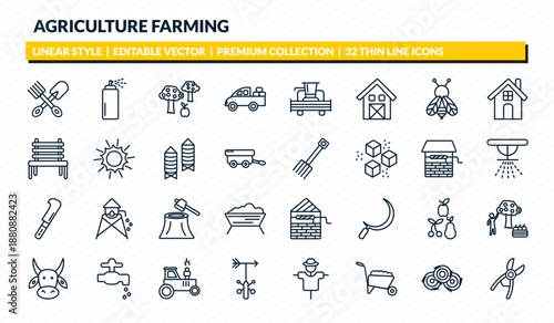agriculture farming icons set - pitchfork, sprayer, monoculture, bale, shears outline vector collection.