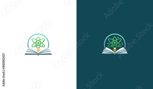 Science education vector logo with atom book and pencil