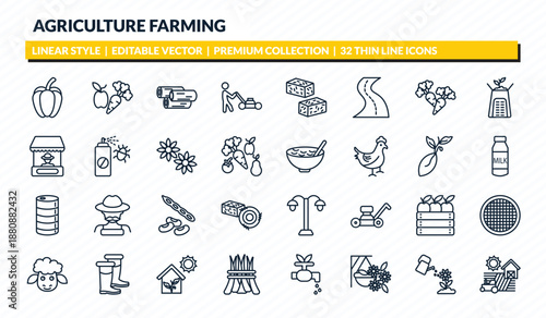 agriculture farming icons set - capsicum, vegetable, wood logs, watering, farm outline vector collection.