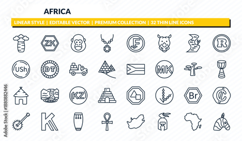 africa icons set - baobab, zambian kwacha, gorilla, africa, zebra outline vector collection.
