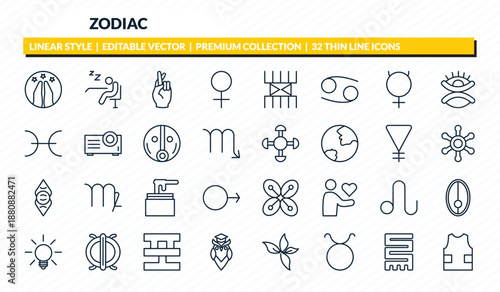 zodiac icons set - hope, lethargy, good luck, toughness, safety outline vector collection.