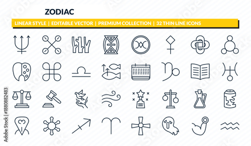zodiac icons set - neptune, gods guidance, wood, strength, aquarius outline vector collection.