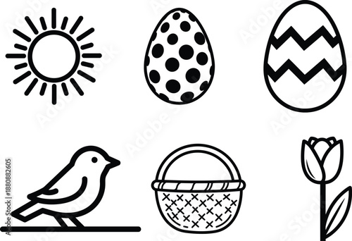 black and white illustrations of springtime icons including sun easter eggs bird basket and tulip