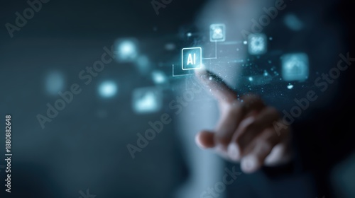 Person interacting with floating AI digital icons, artificial intelligence integrated into daily life