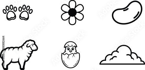 black and white illustrations of various cute objects and animals