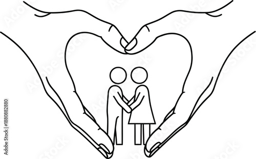 Minimalist line art depicting two stick figure people holding hands securely enclosed within a protective heart shape formed by two careful hands