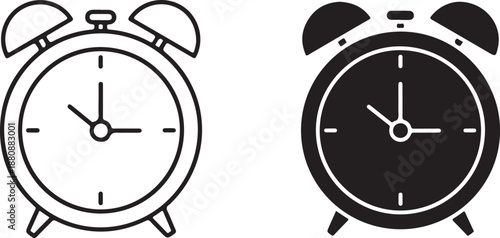 Traditional alarm clock outline and solid icons set wake up time management device vintage desktop timepiece simple black shape
