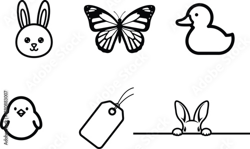 black and white line art of animals and objects