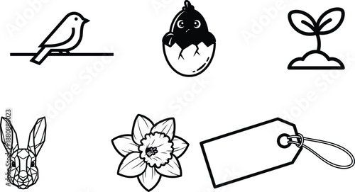 Black and white line drawing illustrations of various objects and animals